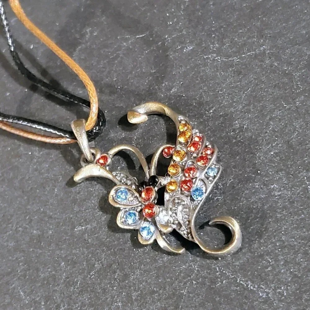 Rustic Antique Bronze Rhinestones Art Nouveau Pendant Necklace Vegan Leather - Picture 9 of 10